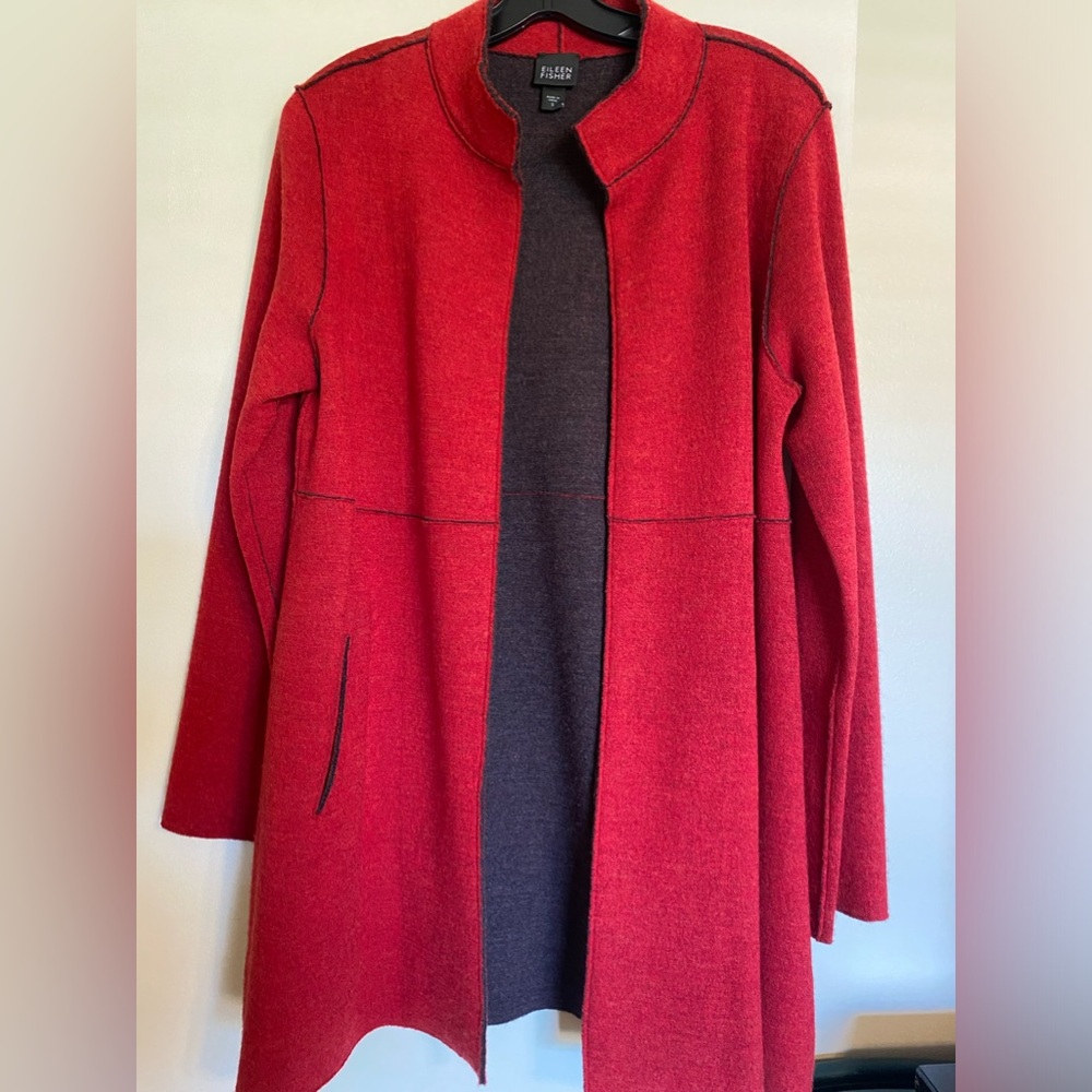 Eileen Fisher merino wool red open sweater/cardigan- EUC size small